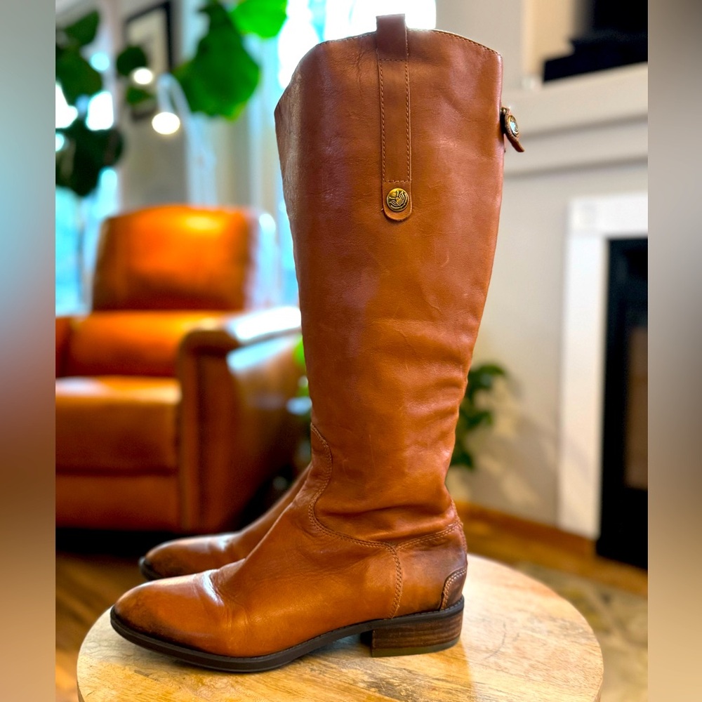 SAM EDELMAN Penny Wide Calf Riding Boot whiskey brown Sz 8.5 Leather
